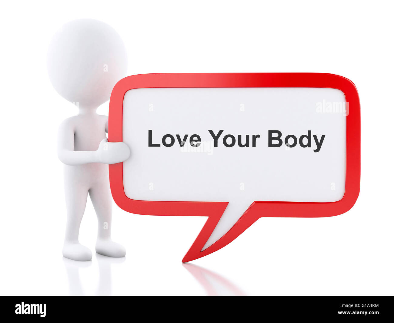 3d renderer image. White people with speech bubble that says Love Your Body. Isolated white background. Stock Photo