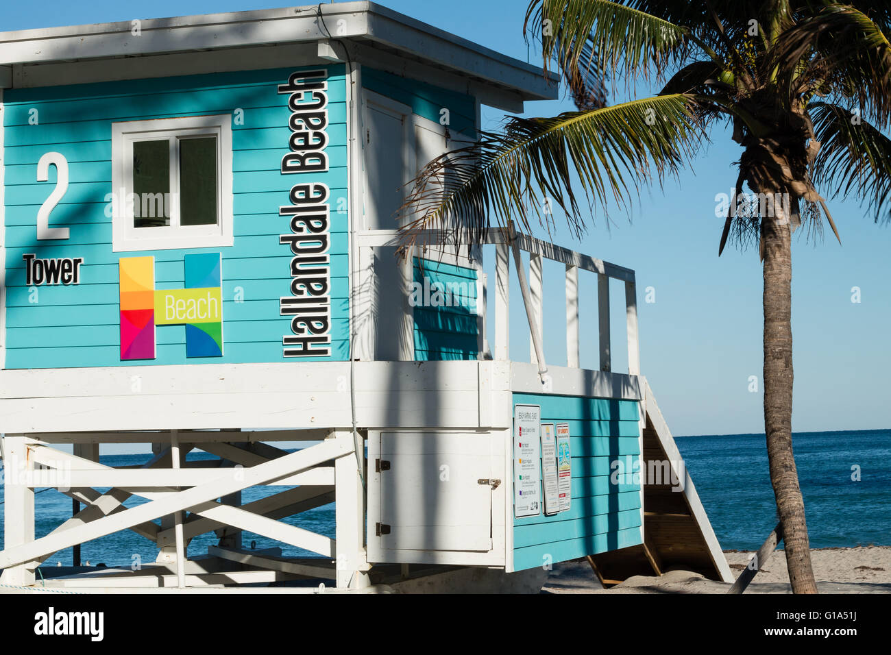A colorful lifeguard station on Hallandale Beach, Florida. View from
