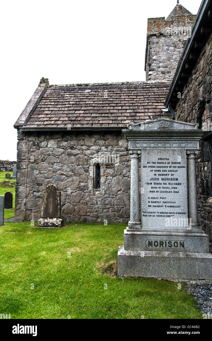 Tombstone of blacksmith and poet John Morison ( 1790 - 1852 ), Gobbha naHearadh, St Clement's, Rodel, Harris, Scotland Stock Photo
