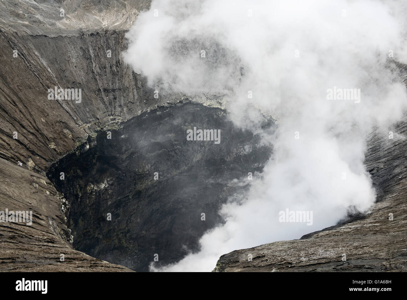 View inside the active volcano crater at Mt. Bromo, Tengger Semeru National Park, East Java, Indonesia. Stock Photo