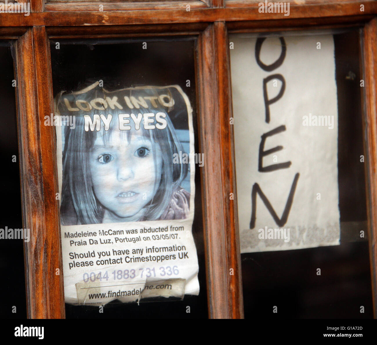 Faded poster for missing British child: Madeleine McCann Stock Photo