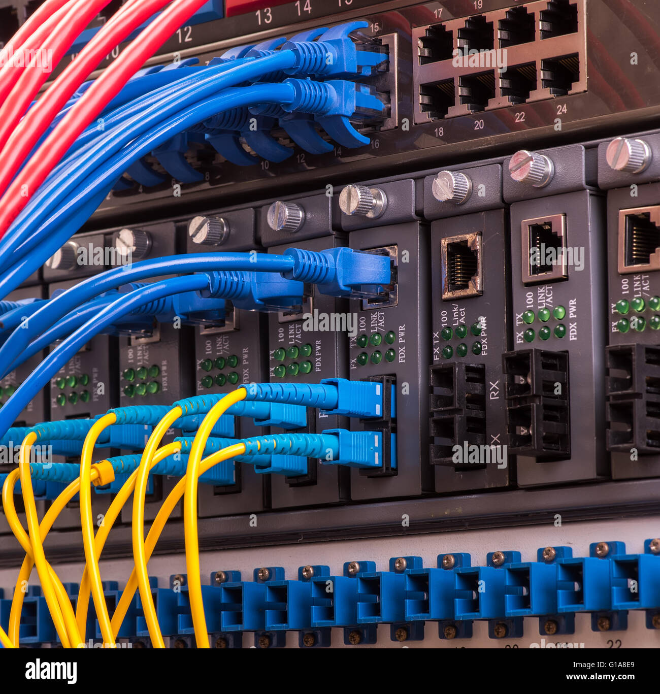 Fiber Optic cables connected to an optic ports and Network cables connected to ethernet ports Stock Photo