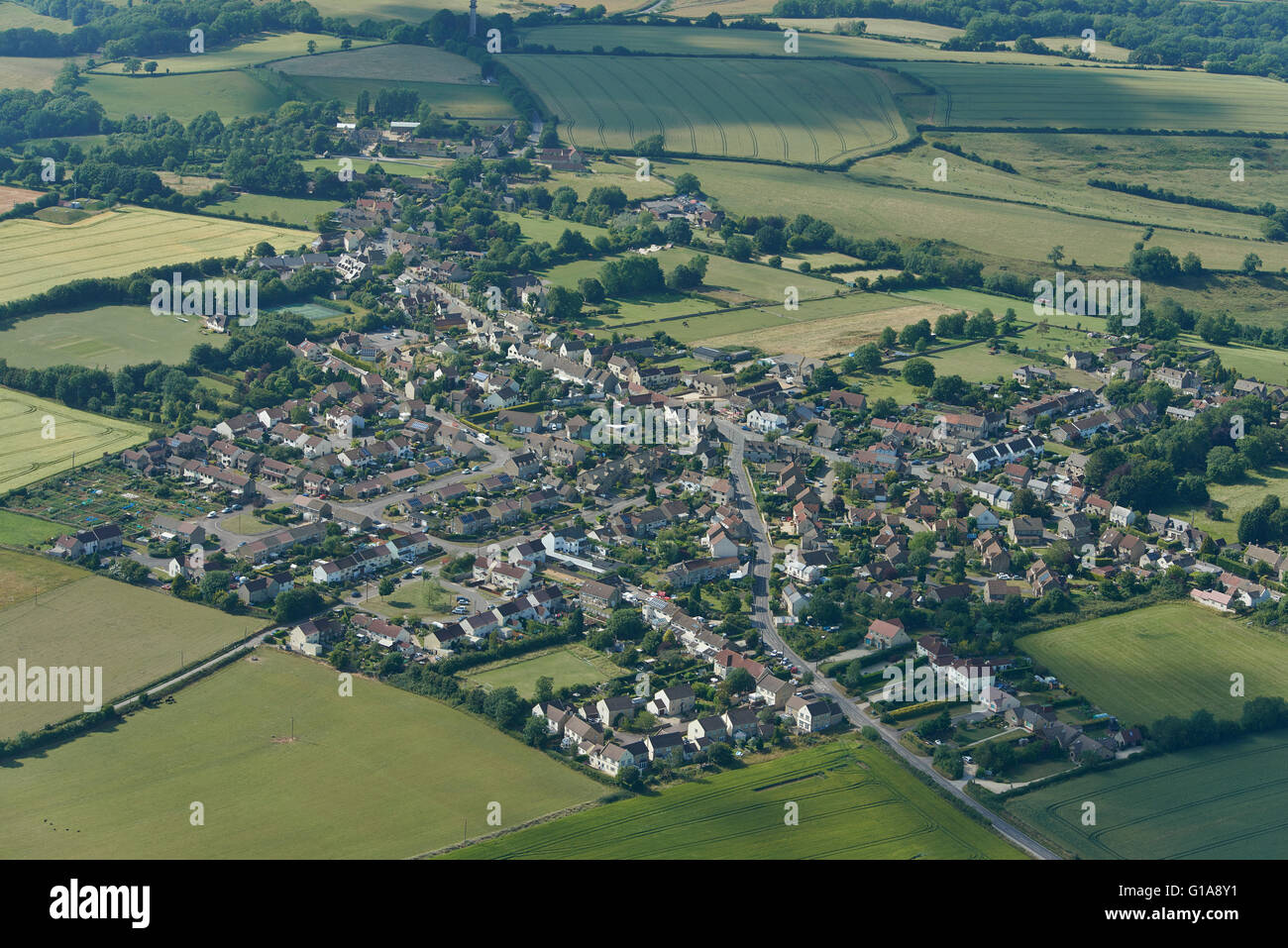 An aerial view of the village of Hawkesbury Upton and surrounding South Gloucestershire countryside Stock Photo