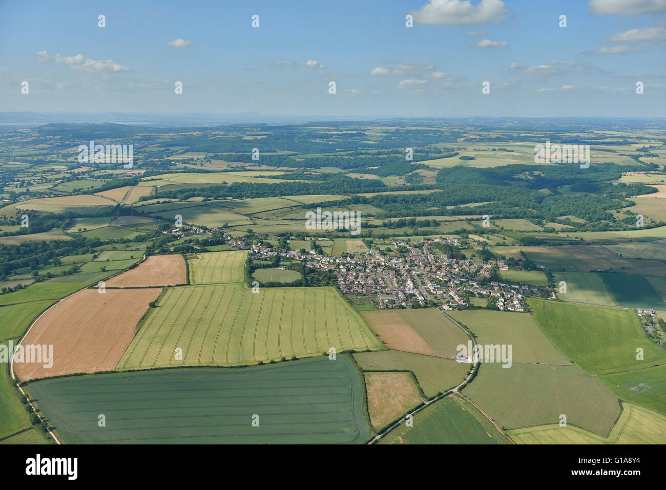 An aerial view of the village of Hawkesbury Upton and surrounding South Gloucestershire countryside Stock Photo