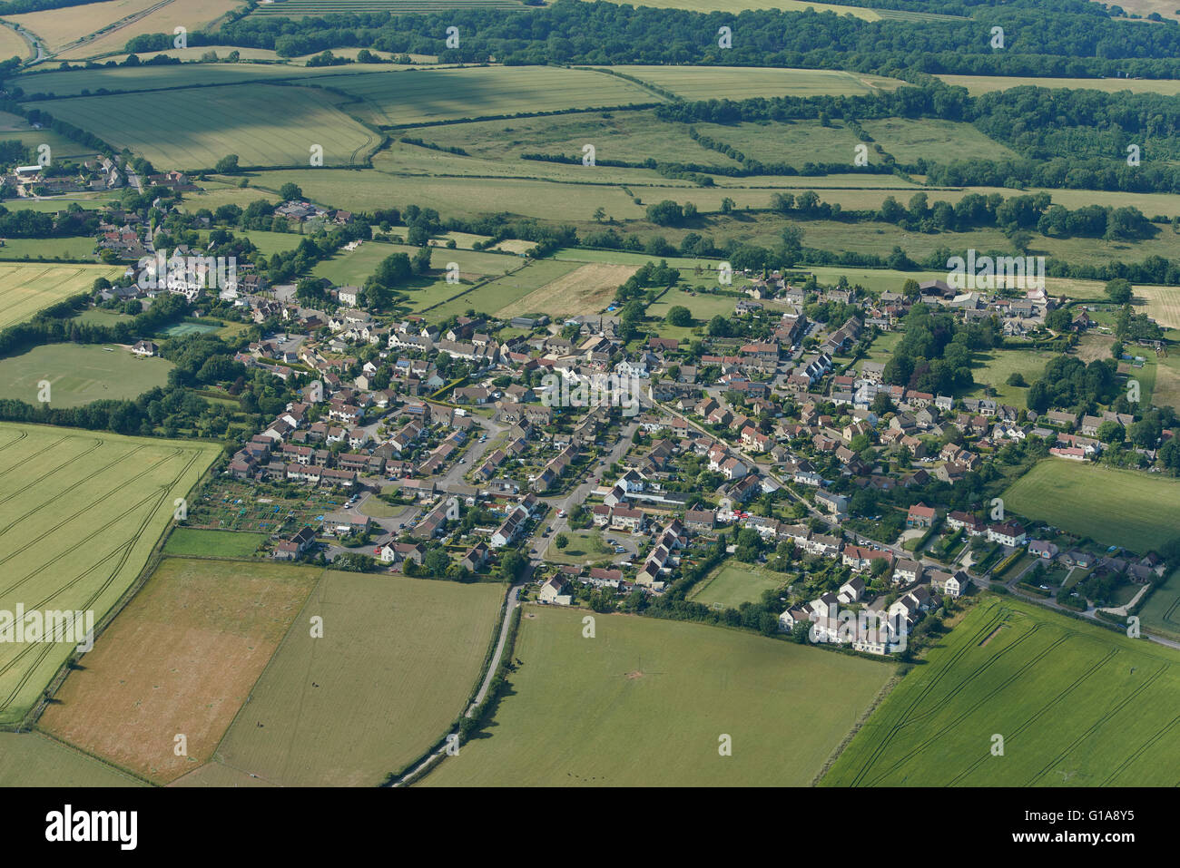 An aerial view of the village of Hawkesbury Upton and surrounding South Gloucestershire countryside Stock Photo