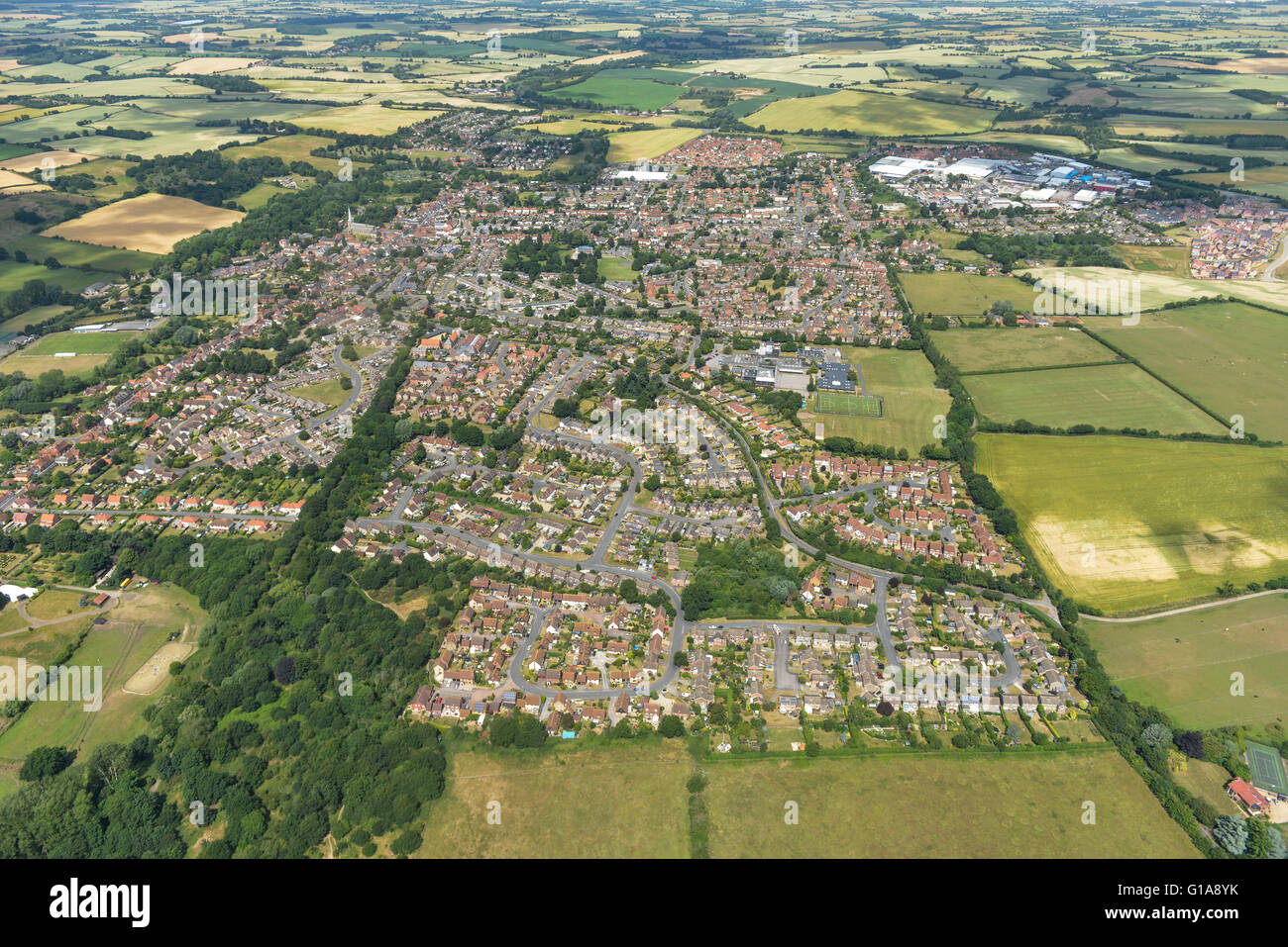 An aerial view of the Suffolk town of Hadleigh, taken from the south