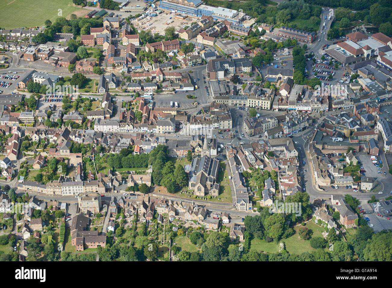 An aerial view of the centre of Chippenham, a market town in Wiltshire