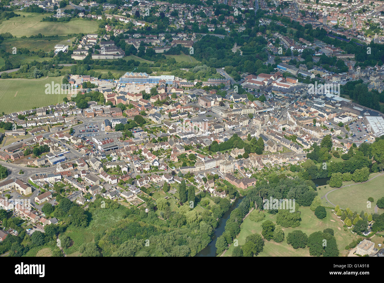 An aerial view of the centre of Chippenham, a market town in Wiltshire Stock Photo