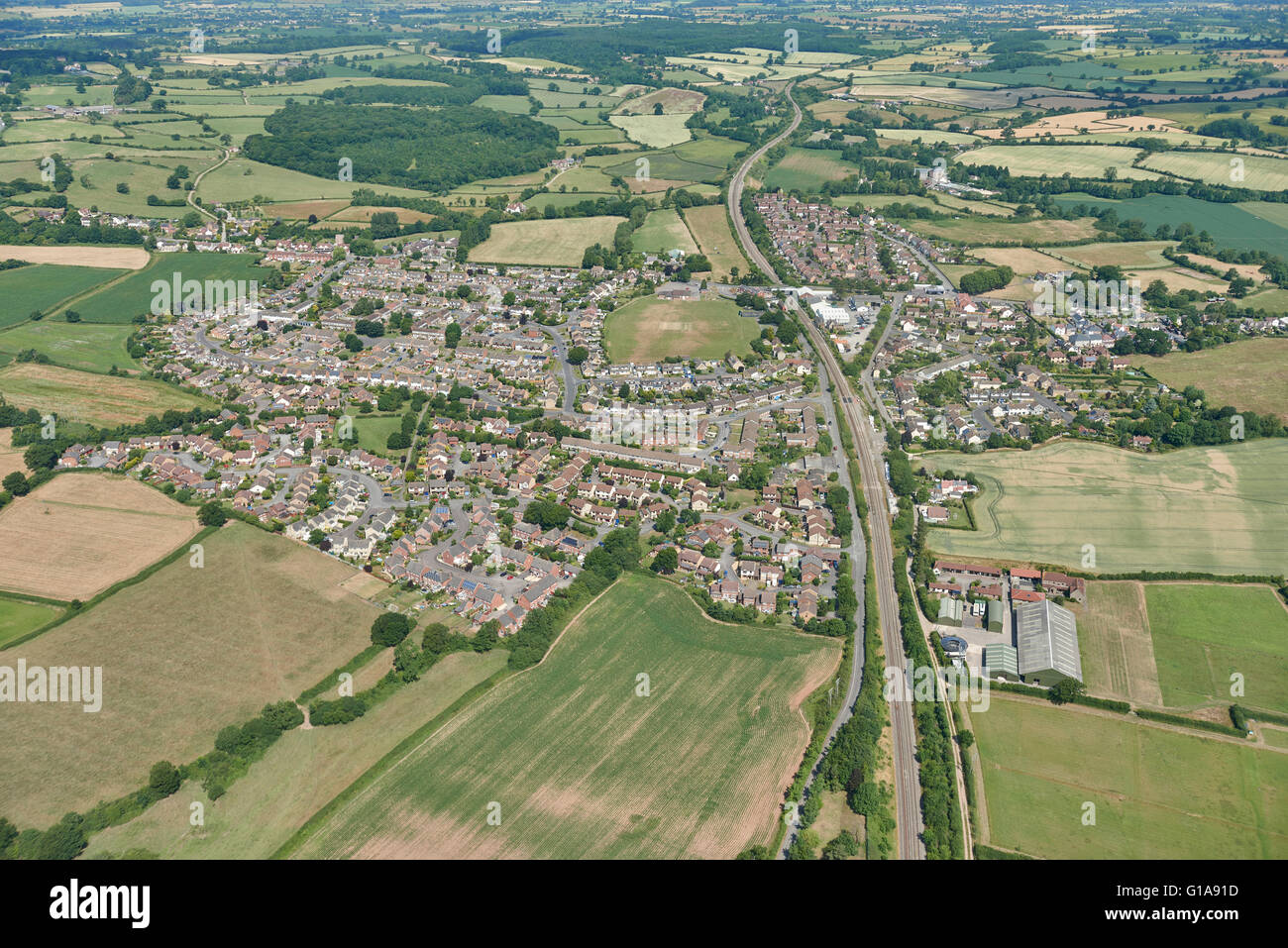An aerial view of the village of Charfield and surrounding South Gloucestershire countryside Stock Photo
