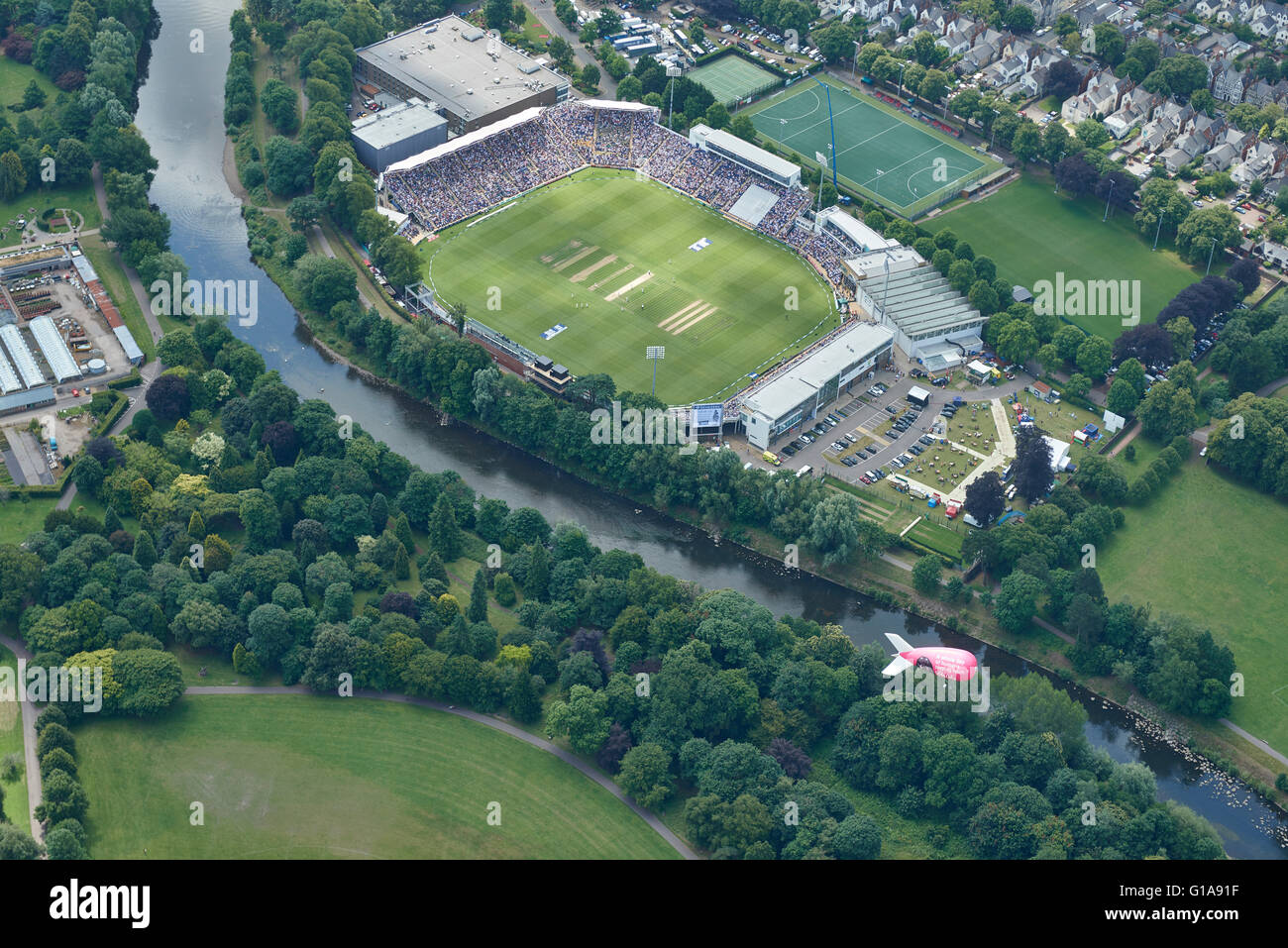 An aerial view of the SSE SWALEC Stadium, also known as Sophia Gardens during the first Ashes Test in 2015 Stock Photo