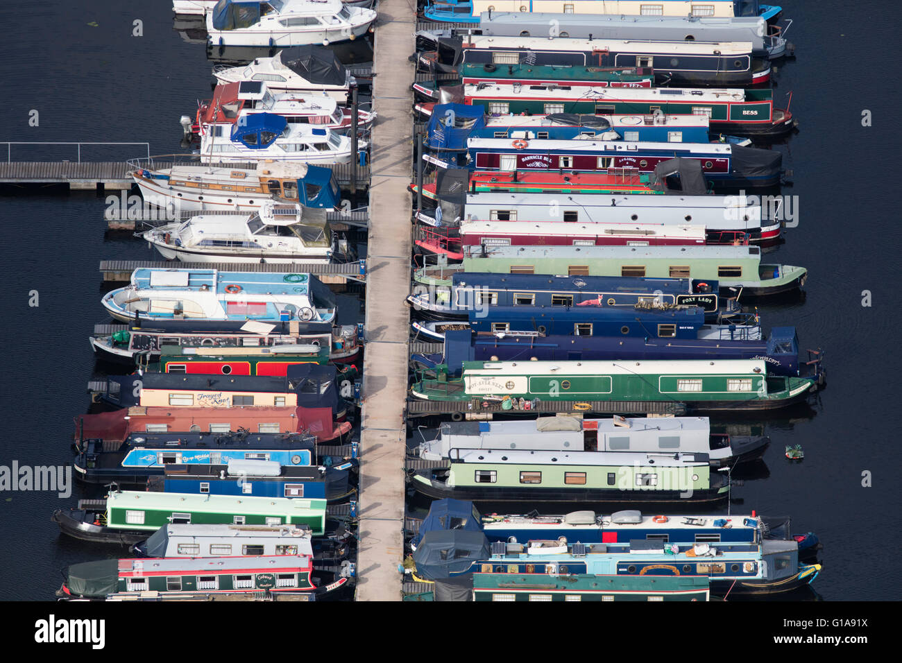 An aerial view of the pattern of canal boats in a marina Stock Photo ...