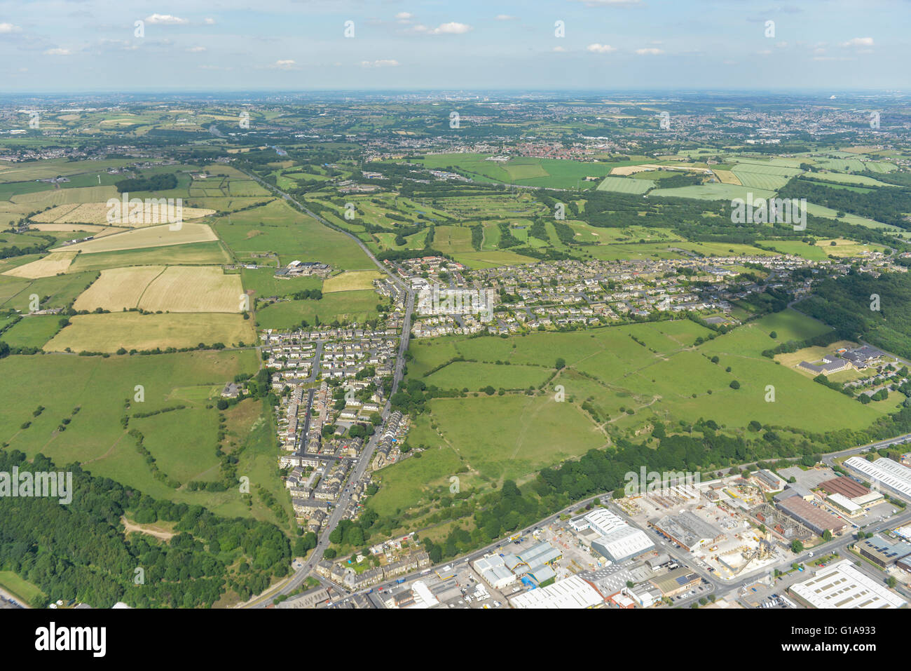 An aerial view of the Towngate area of Brighouse and surrounding West Yorkshire countryside Stock Photo