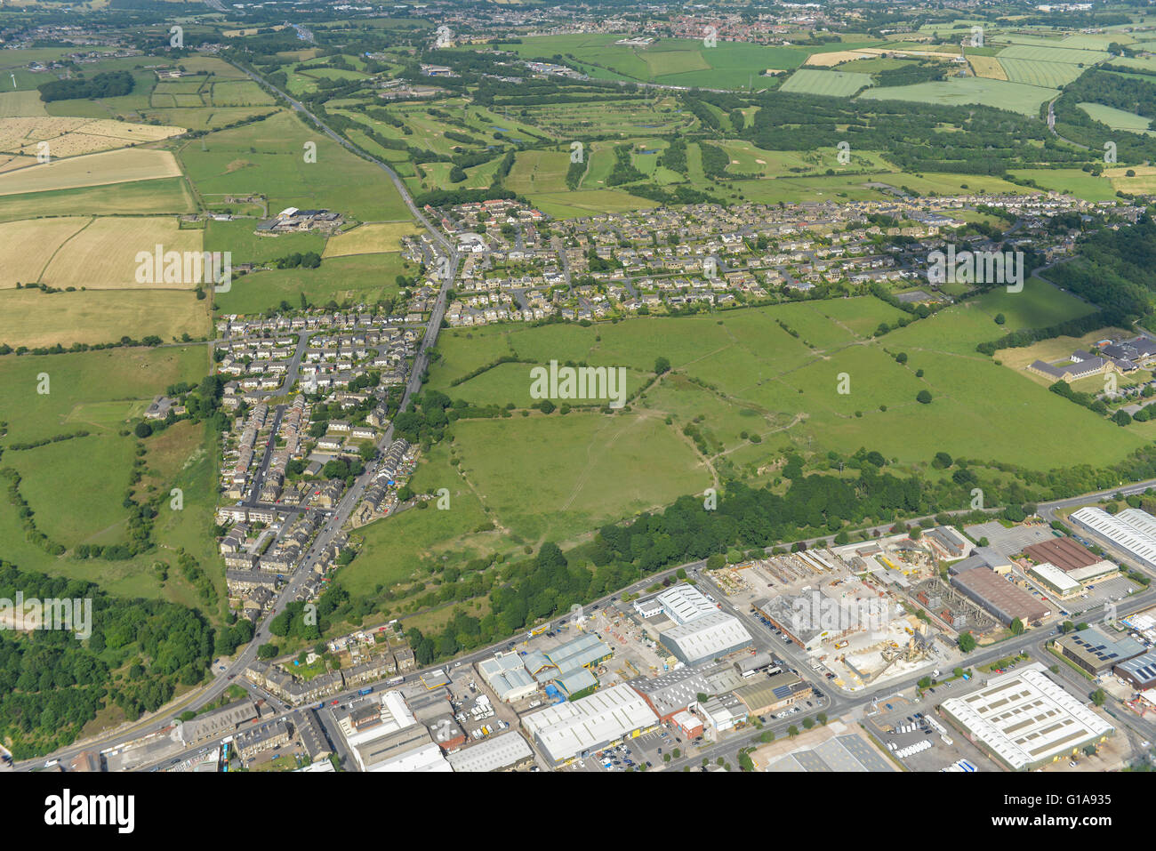 An aerial view of the Towngate area of Brighouse and surrounding West Yorkshire countryside Stock Photo