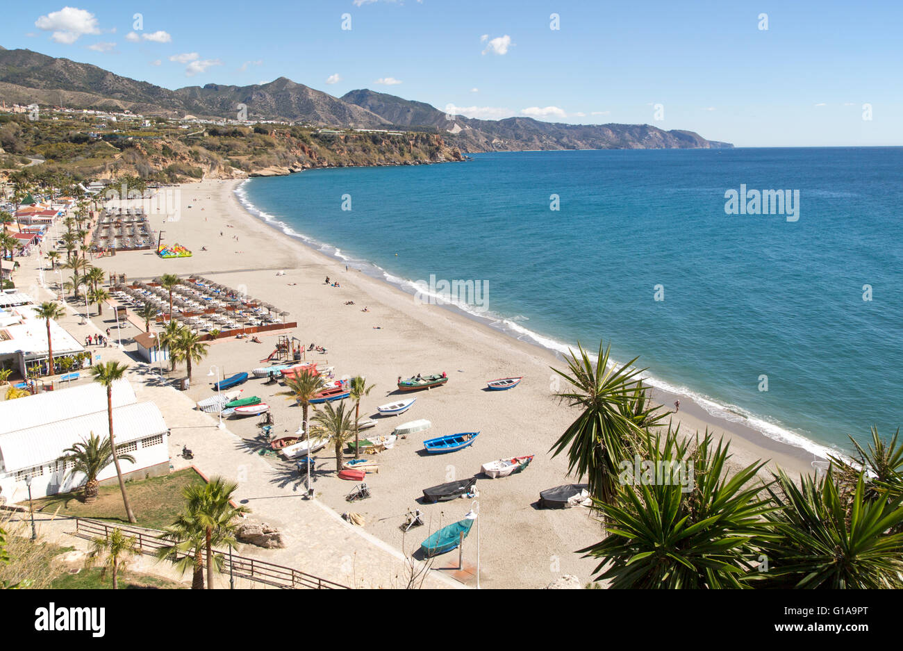 Playa Burriana sandy beach at popular holiday resort town of Nerja, Malaga province, Spain Stock Photo