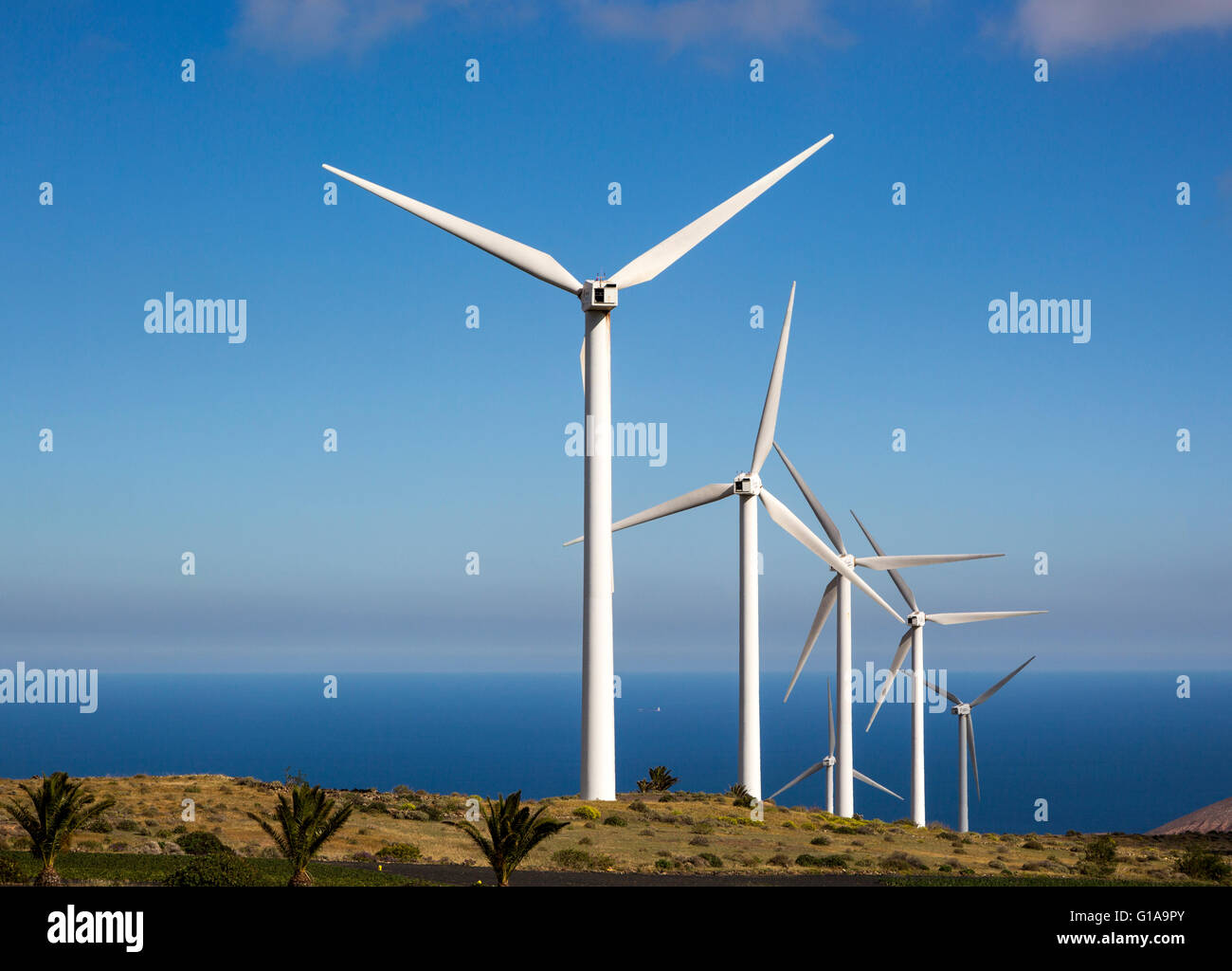 Turbines at Eolicas de Lanzarote wind farm, Lanzarote, Canary Islands, Spain Stock Photo