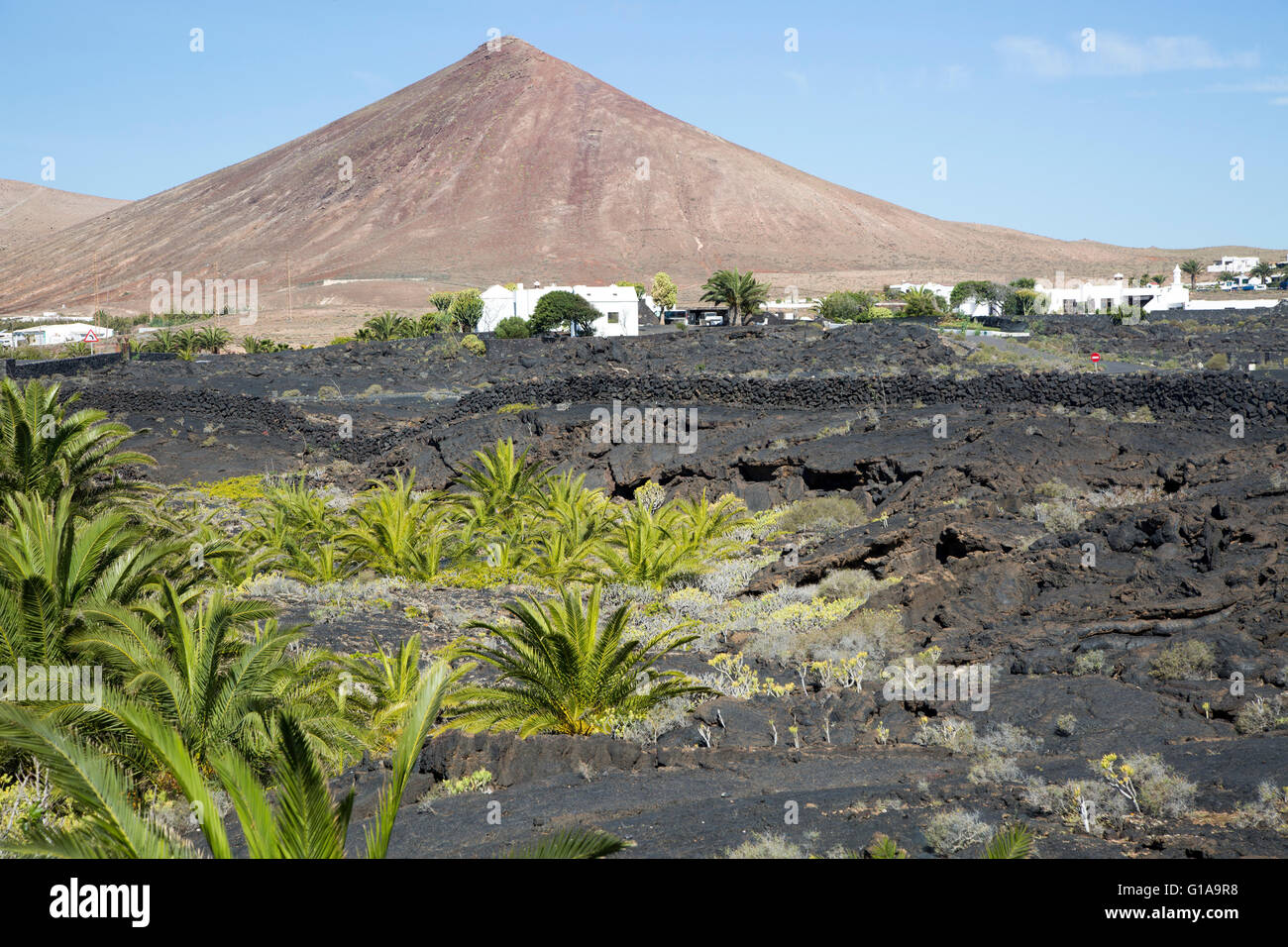 Volcanic cone and lava flows village of Tahiche, Lanzarote, Canary Islands, Spain Stock Photo