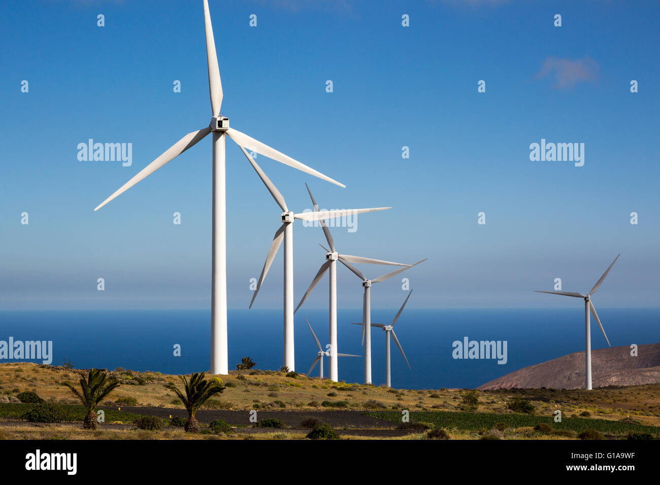 Turbines at Eolicas de Lanzarote wind farm, Lanzarote, Canary Islands, Spain Stock Photo