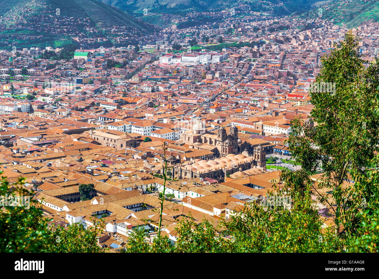 Aerial view of the city of Cusco with The Cusco Cathedral and the Plaza de Armas Cusco Peru Stock Photo