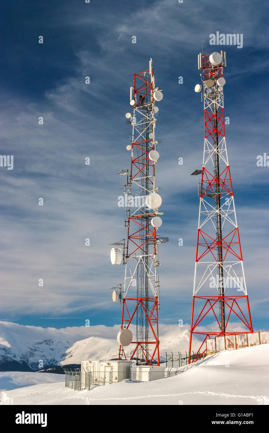 two Pylon radio telecommunication and radar antenna on top of the Parang  mountain near Ranca Romania Stock Photo - Alamy
