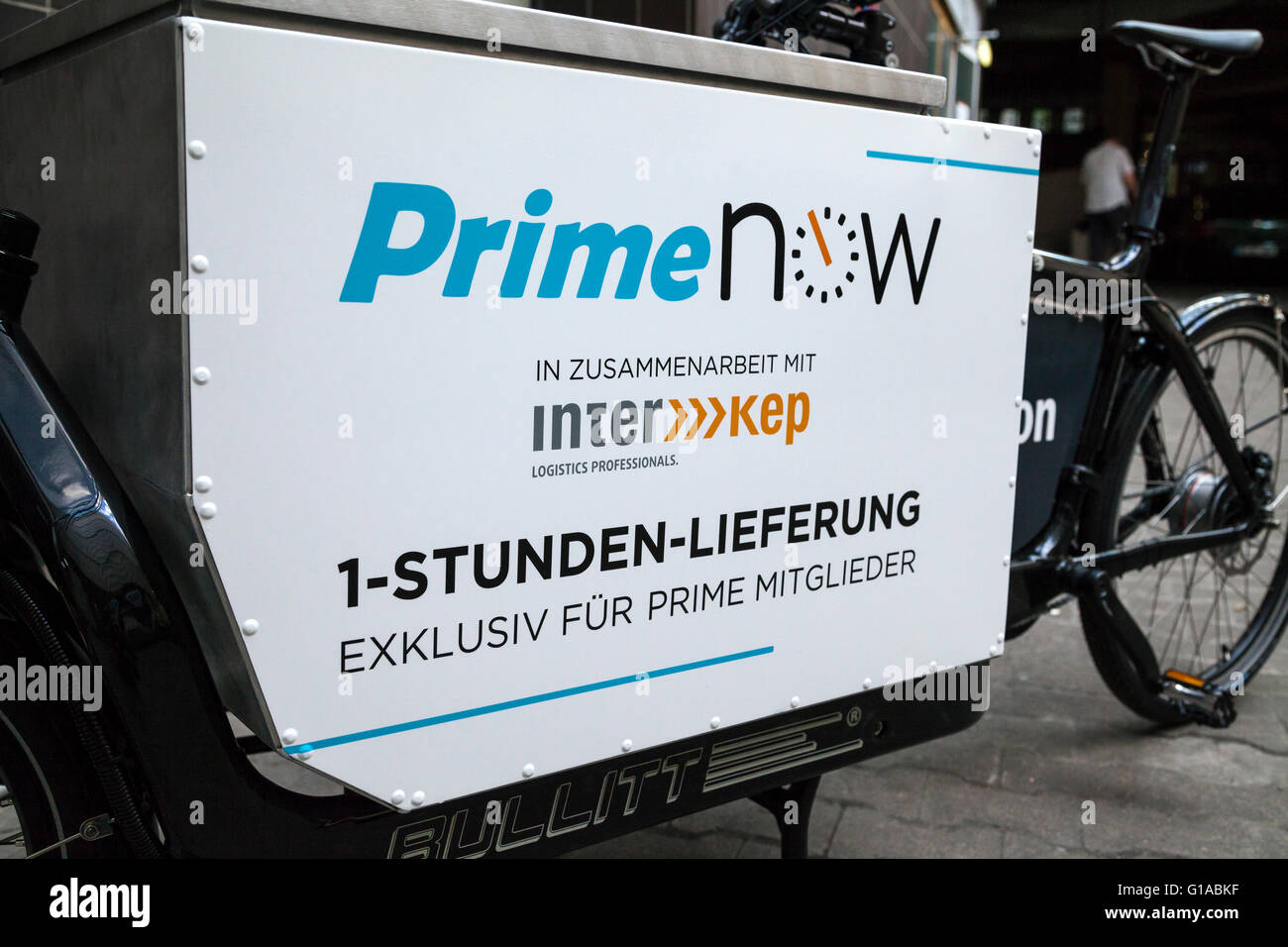 Bicycle of Amazon Prime Now One hour delivery in Berlin Germany Stock Photo