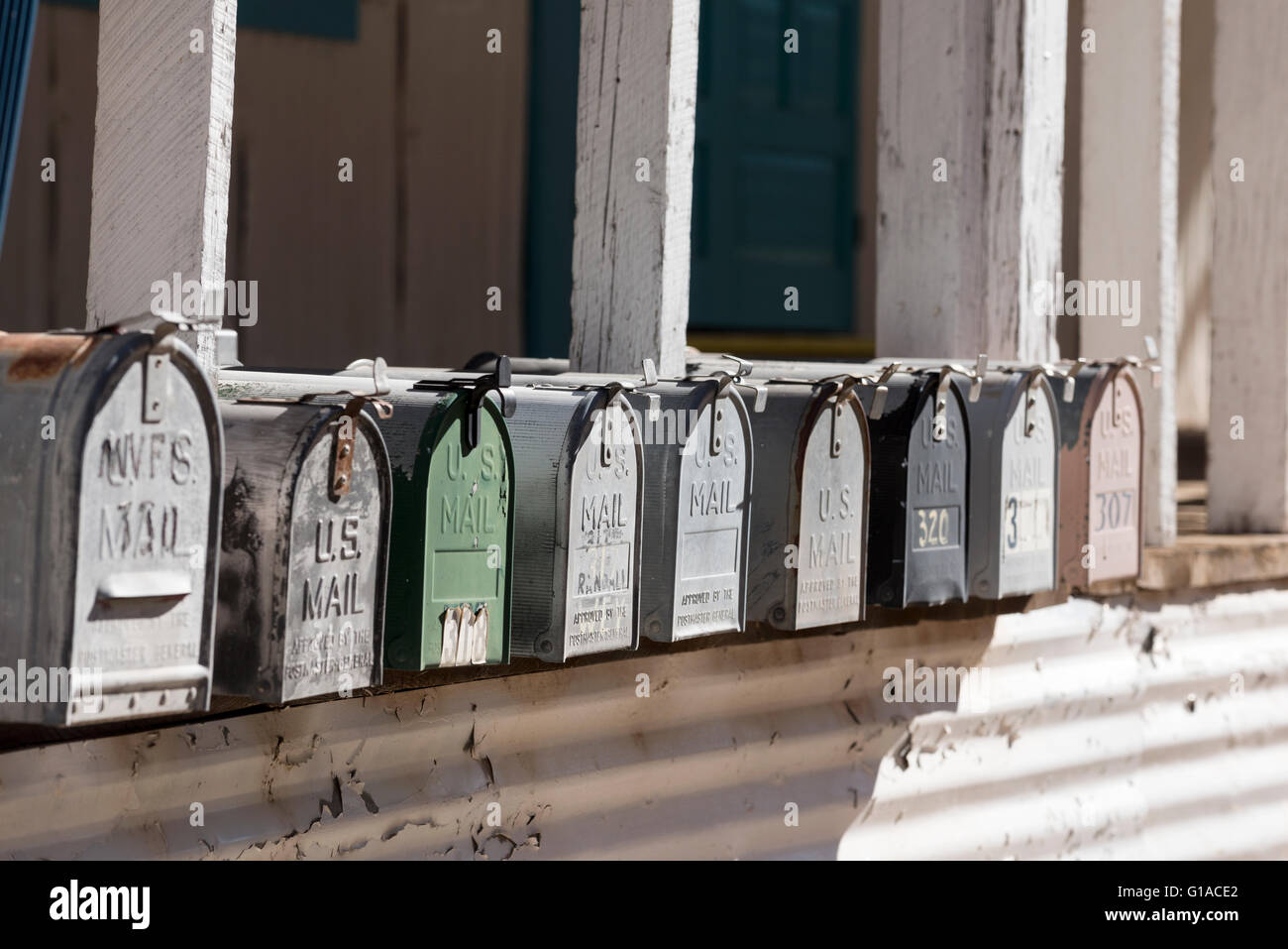 Row of mail boxes in Mogollon, New Mexico. Stock Photo