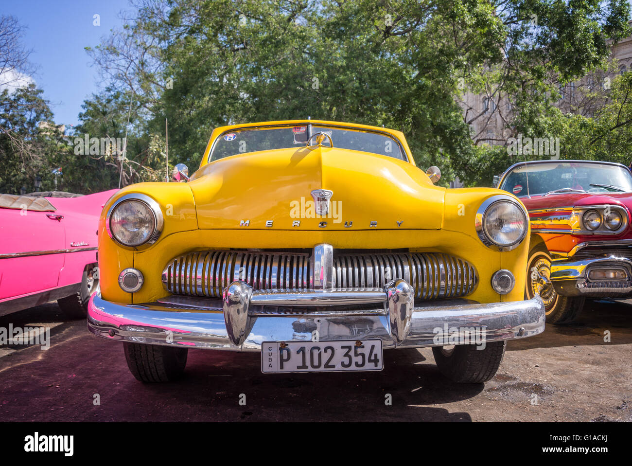 HAVANA, CUBA - APRIL 18: Front of of a yellow classic american Ford Mercury car, on April 18, 2016 in Havana Stock Photo