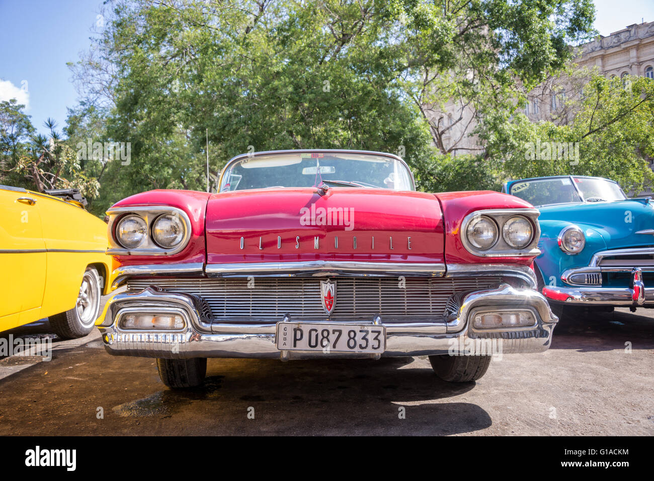 HAVANA, CUBA - APRIL 18: Front of of a red classic american Oldsmobile car, on April 18, 2016 in Havana Stock Photo