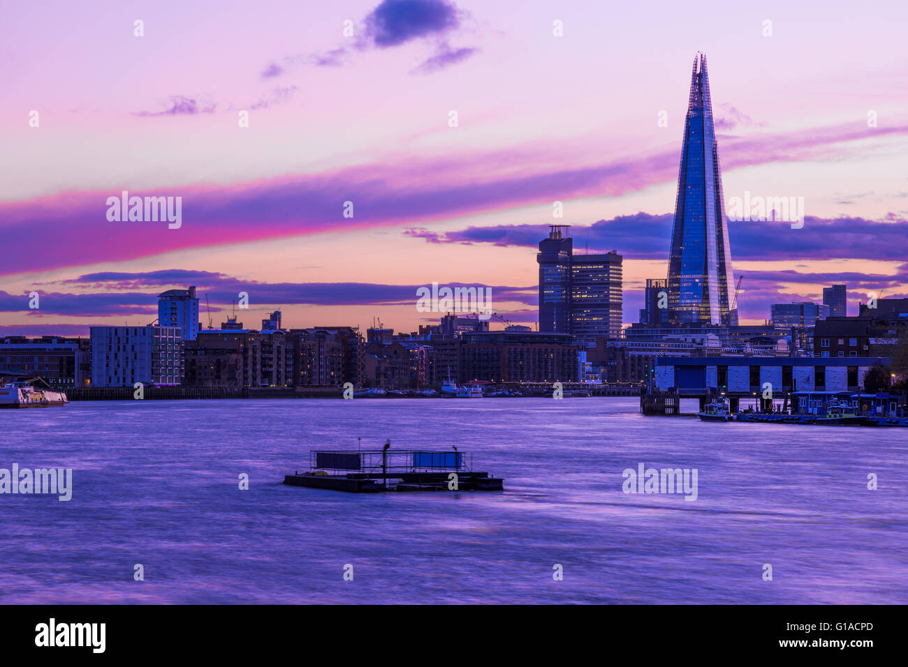 Modern London cityscape during sunset, including The Shard Stock Photo