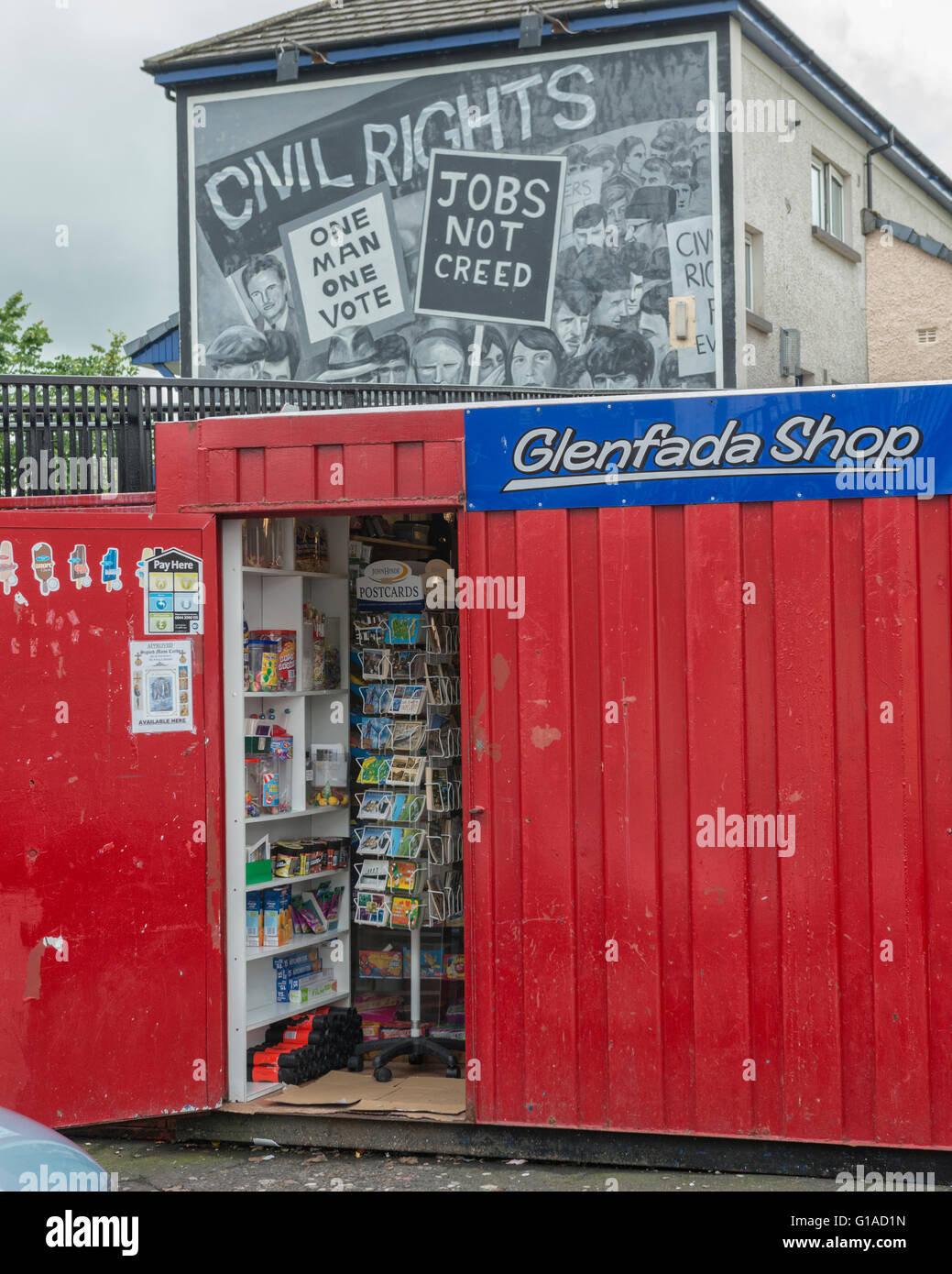 Civil Rights Mural & Glenfada shop at the Bogside Estate. Derry Londonderry. Northern Ireland. UK. Europe Stock Photo