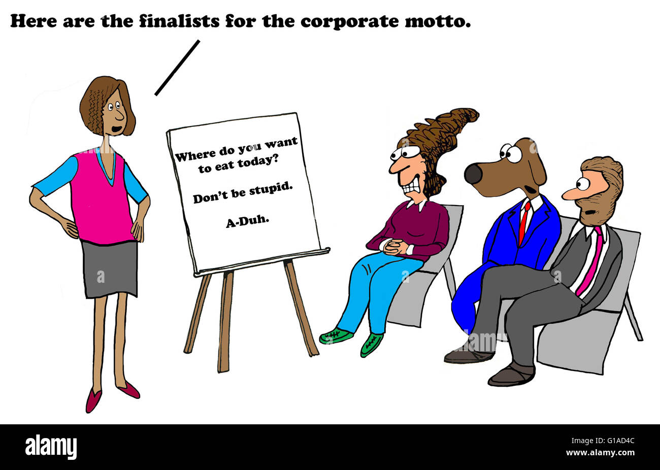 Business cartoon about weak company motto. Stock Photo