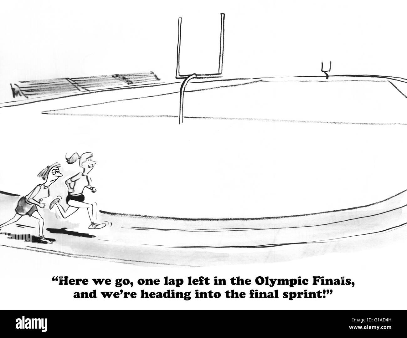 Sports cartoon about the final lap in a race. Stock Photo