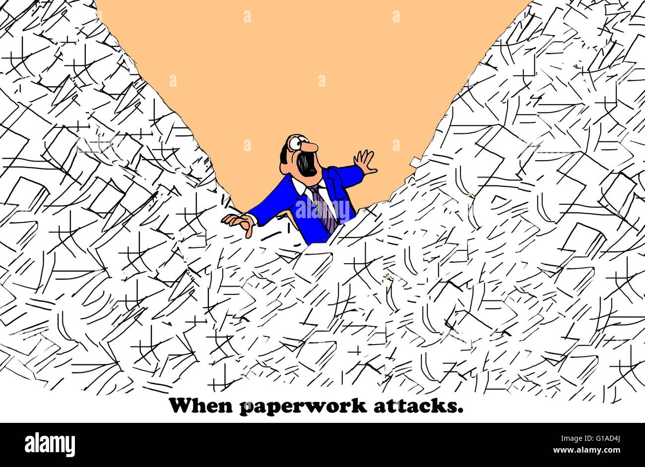 Business cartoon about too much paperwork. Stock Photo