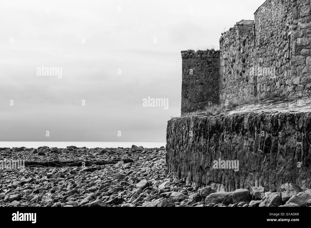 Saint Michael's Mount at low tide on a foggy day, Cornwall, UK Stock Photo