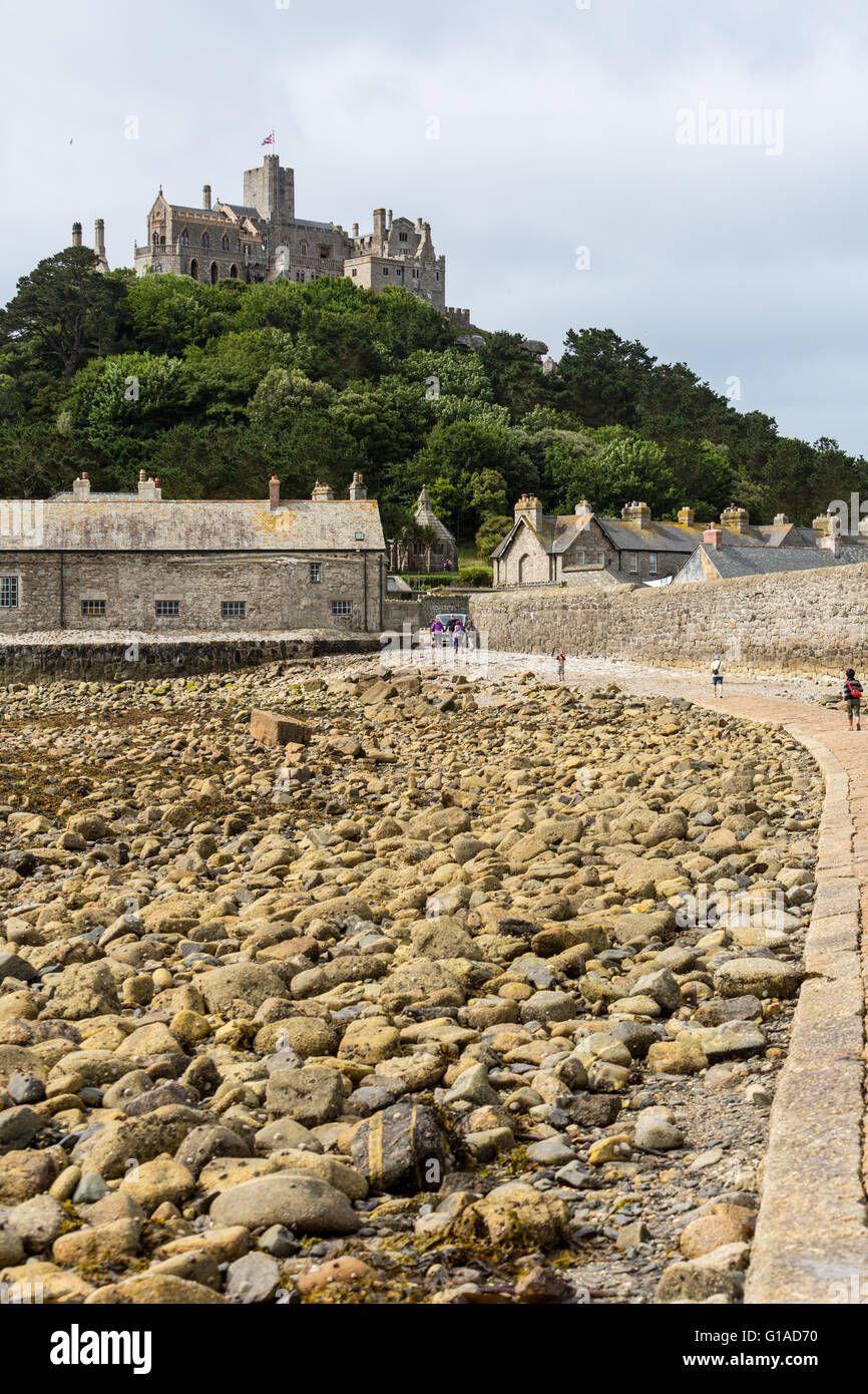 Saint Michael's Mount at low tide on a foggy day, Cornwall, UK Stock Photo