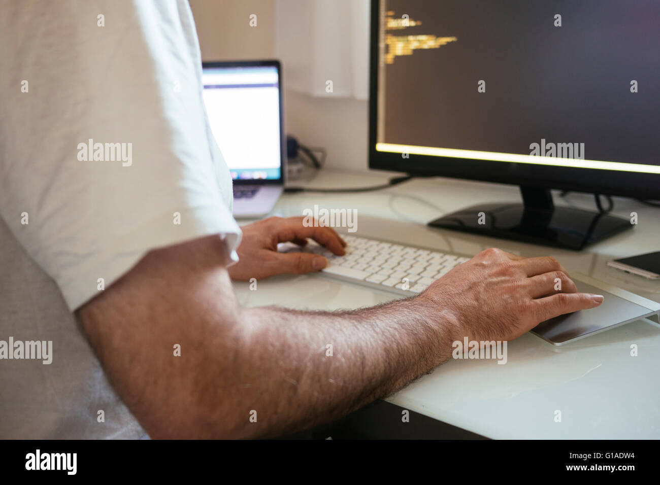 Web-developer writing code in home office. Stock Photo