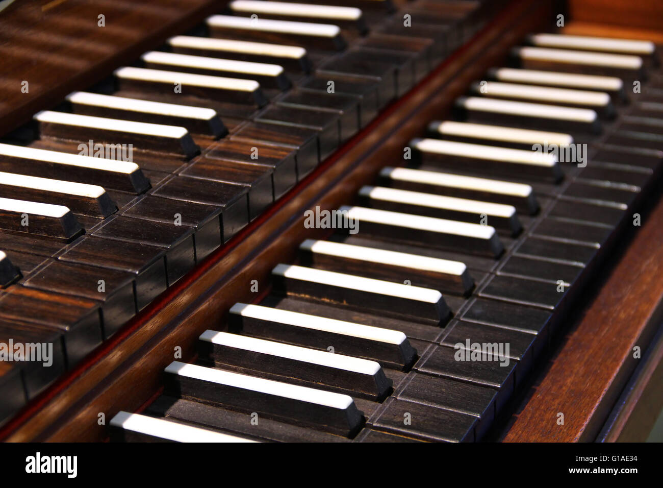 Close-up view of old harpsichord keys Stock Photo