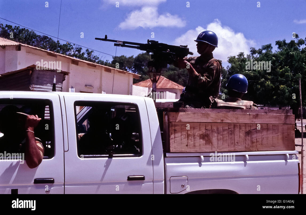UN Indian peaekeepers riding in a makeshift armoured vehicle in Kismayo Somalia 1994 Stock Photo