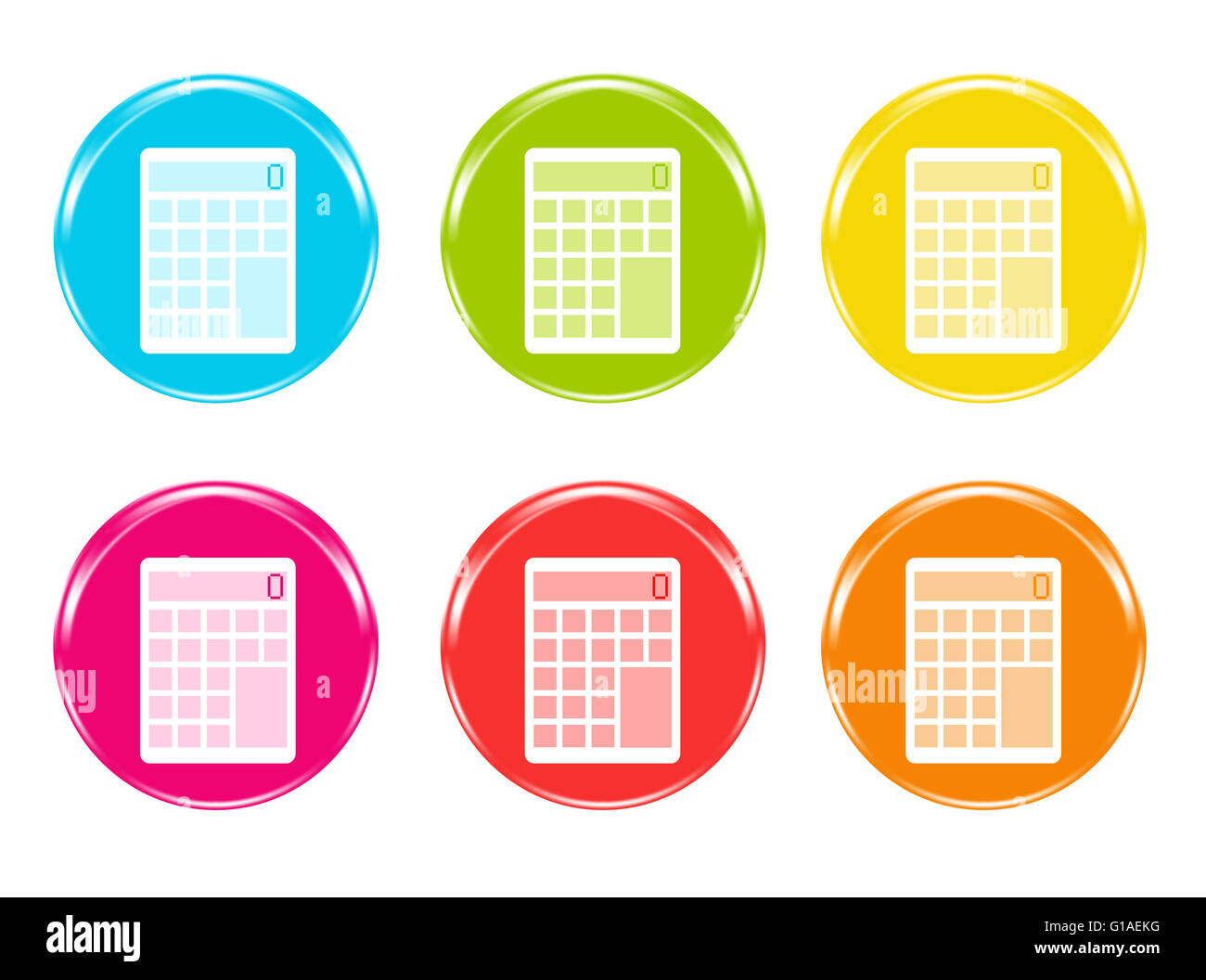 Set of rounded colorful icons with a calculator symbol in blue, green ...