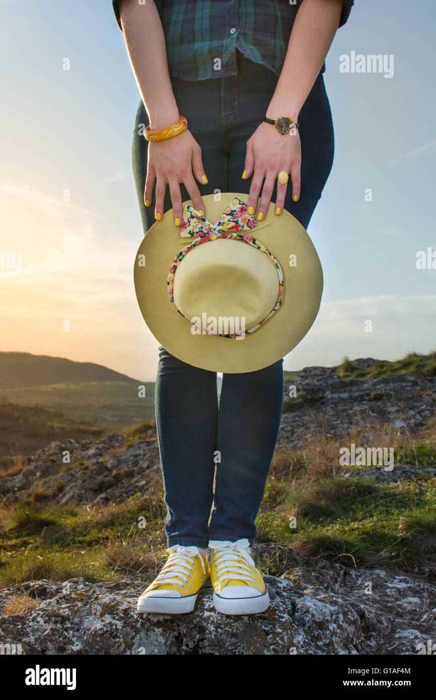 Hiking fashion girl. Fashionable girl hiker Stock Photo