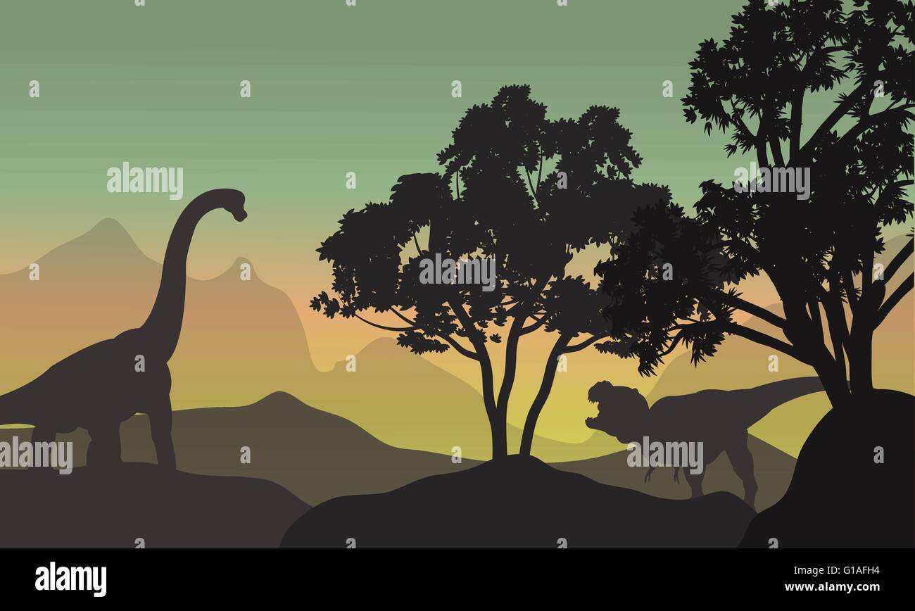 Silhouette of brachiosaurus and T-Rex in hills Stock Vector Image & Art ...