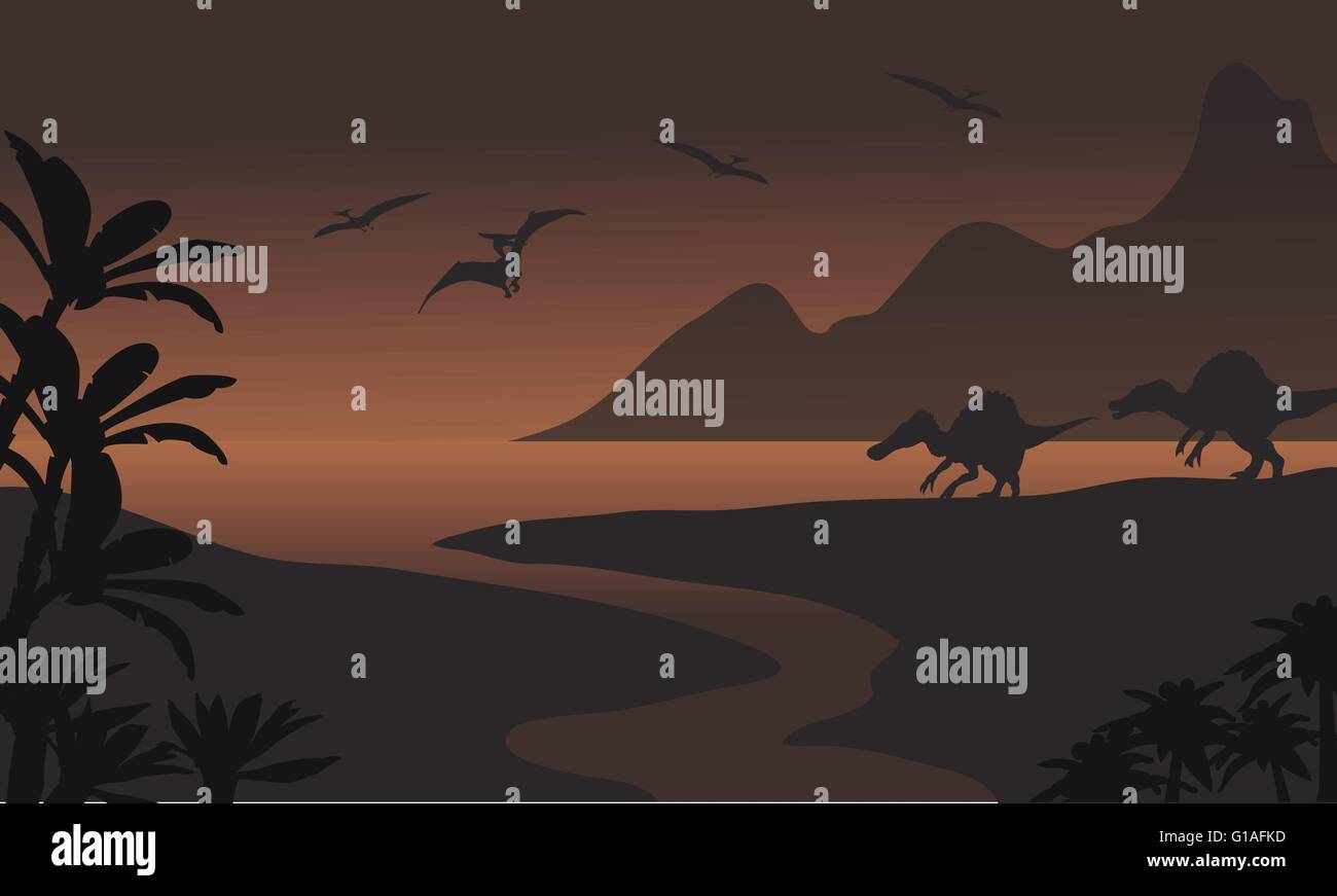 Silhouette of spinosaurus in riverbank and pterodactyl Stock Vector ...
