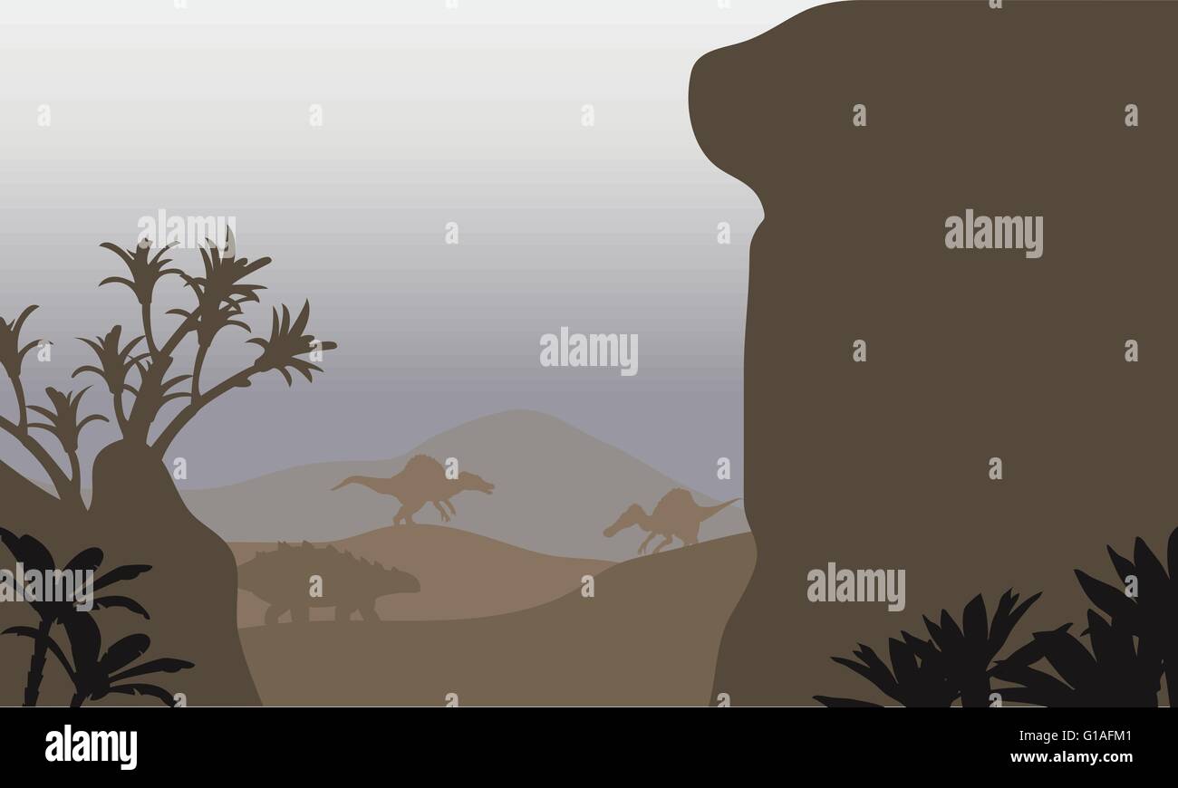 Silhouette of ankylosaurus and spinosaurus in hills Stock Vector Image ...