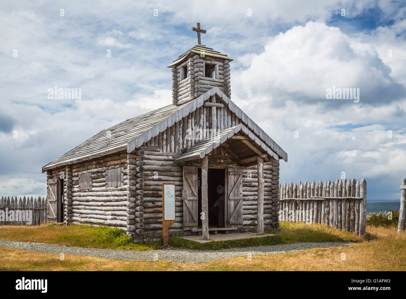The historic church building at Fuerte Bulnes on the Strait of Magellan near Punta Arenas, Chile, South America. Stock Photo