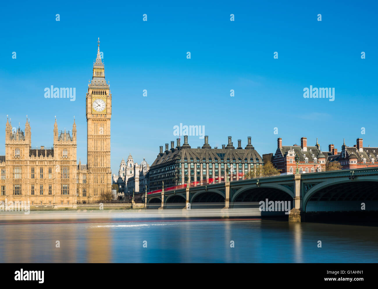 Long exposure of Westminster Bridge on a sunny spring morning, London, UK. Stock Photo
