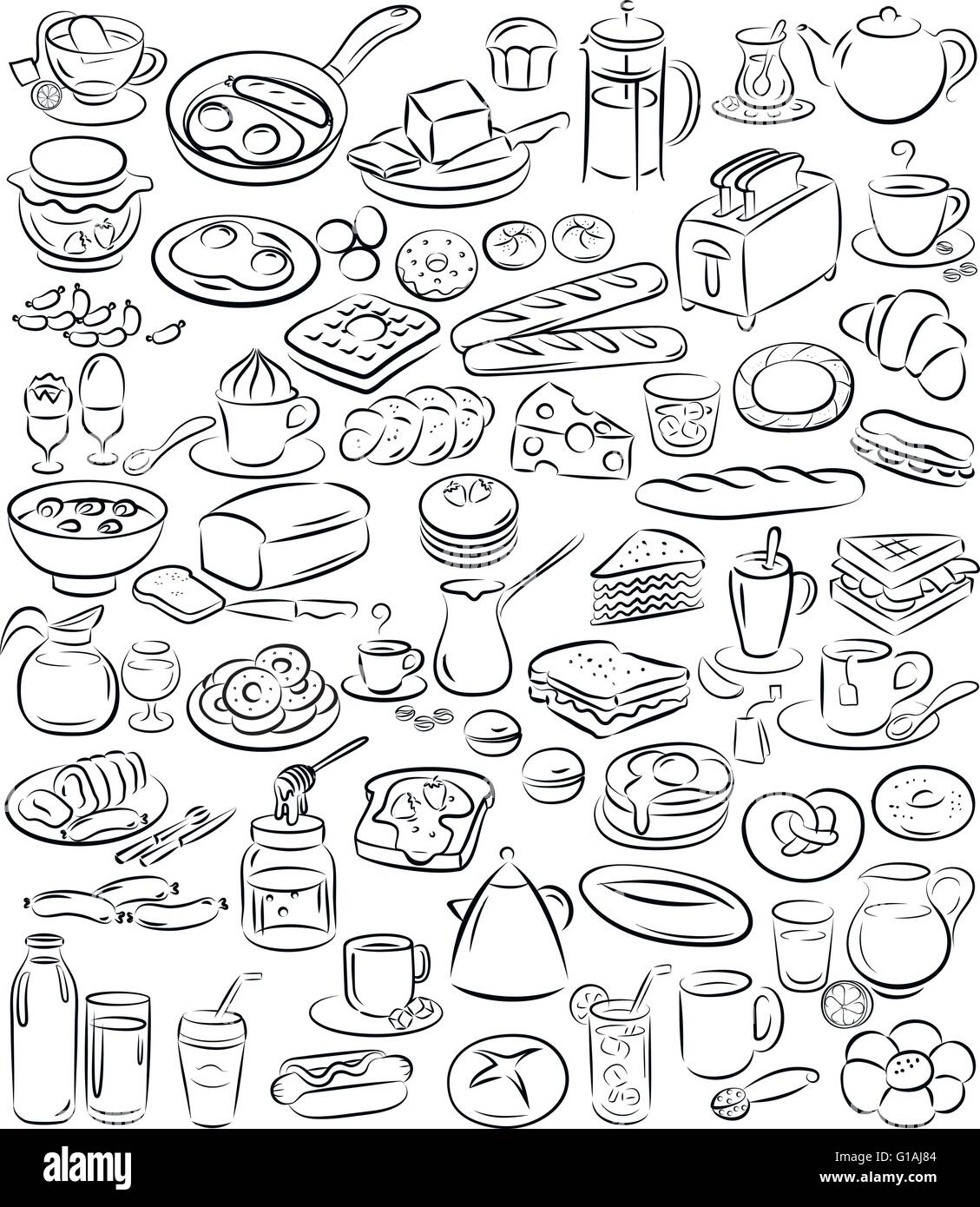 vector illustration of breakfast icon collection in line art mode Stock Vector