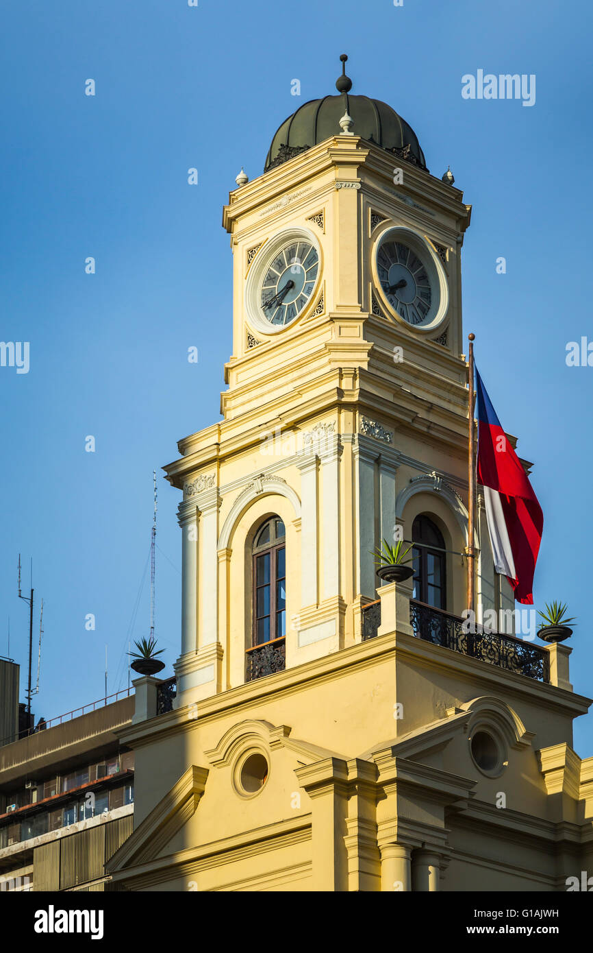 A clock Tower on a Colonial building in downtown Santiago, Chile, South America. Stock Photo