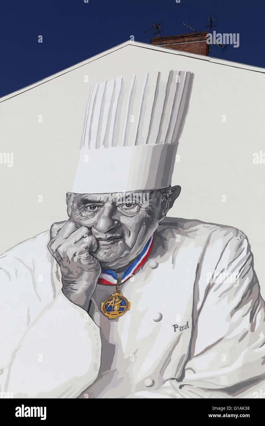 Facade in Lyon with Paul Bocuse portrait Stock Photo