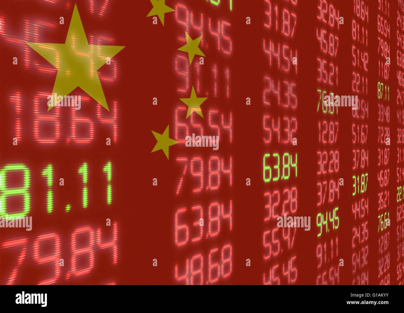 Chinese Stock Market - Red and Green Figures on Chinese Flag Stock Photo