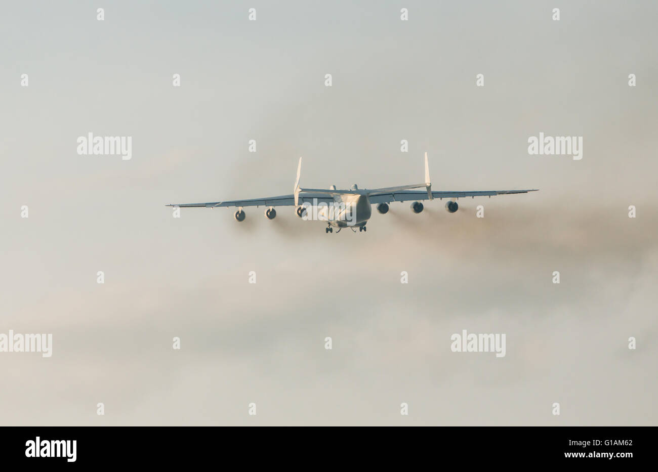 Antonov 225 Mriya airplane departs from Airport Vaclava Havla in Prague Stock Photo