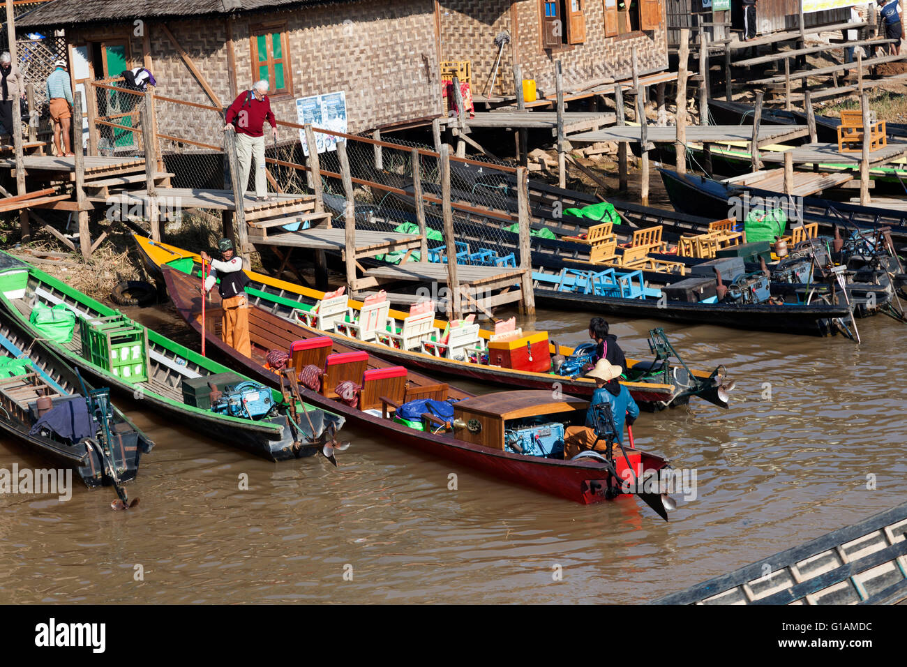 At Nyaungshwe, the landing stage from which tourists start to have a trip around the Inle Lake (Myanmar). Stock Photo